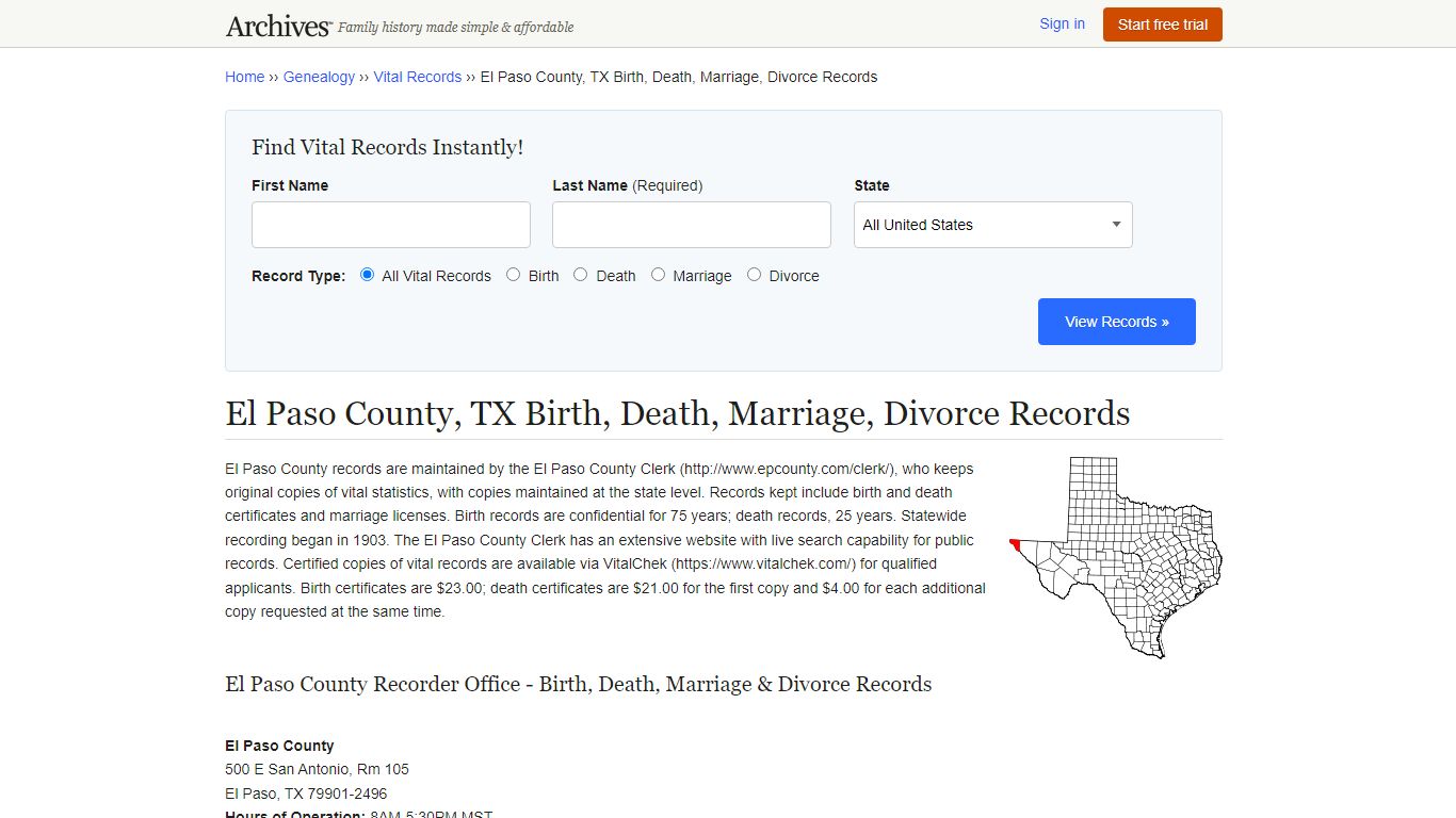 El Paso County, TX Birth, Death, Marriage, Divorce Records